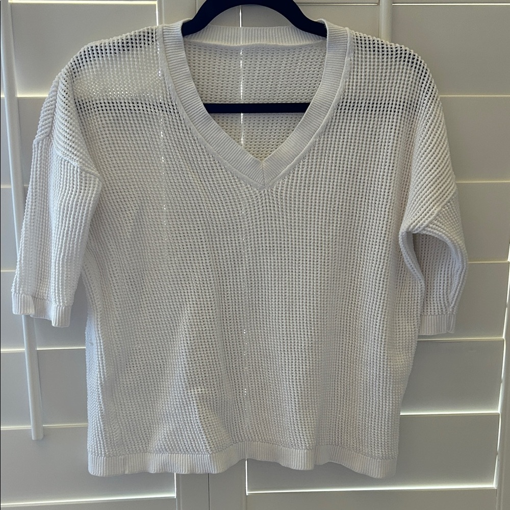 White V-Neck Mesh Women Top